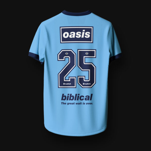 Camisa de futebol da banda Oasis - Live '25 - na cor azul - verso